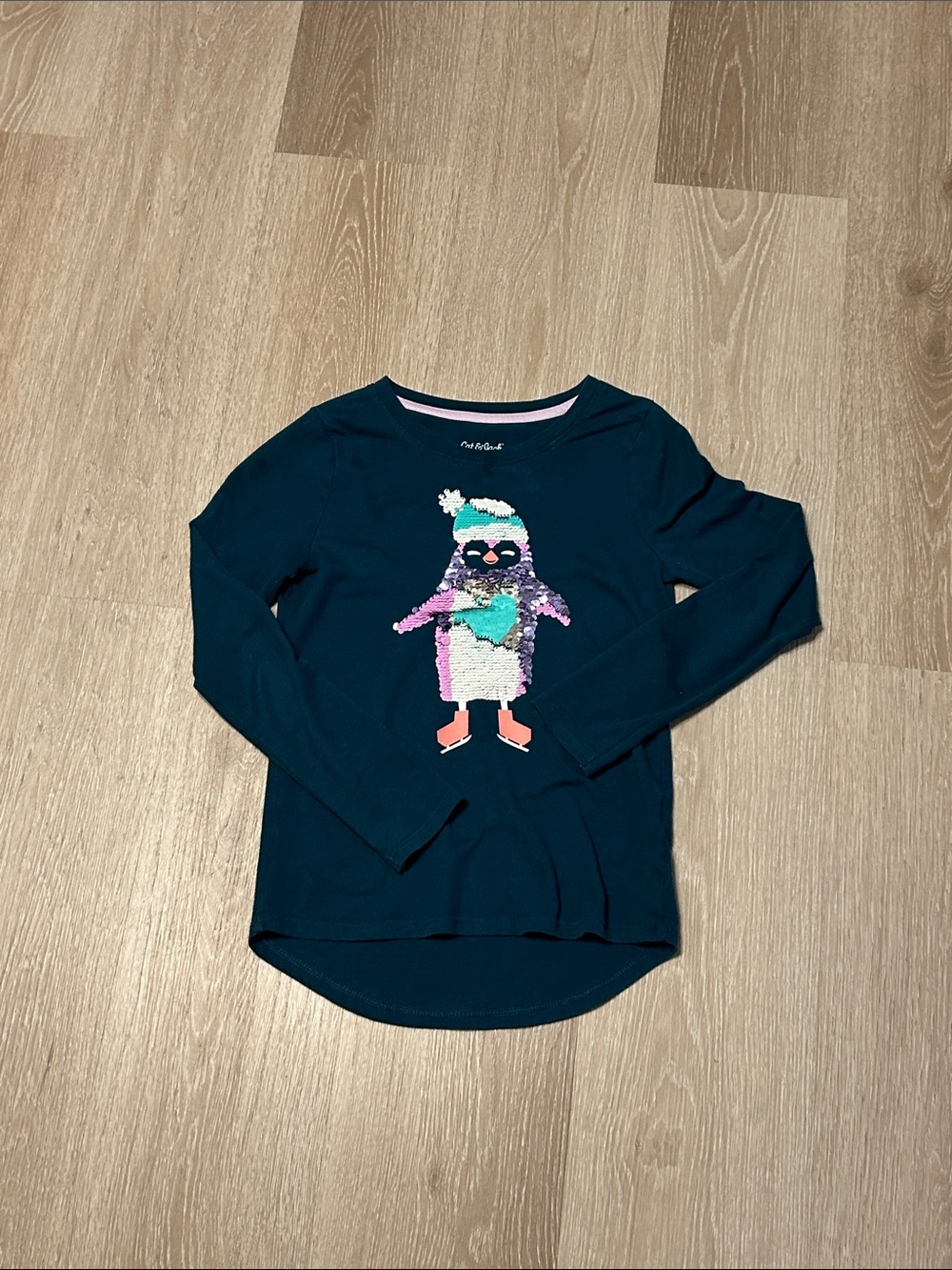 Cat & Jack Dark Teal Penguin Flip Sequin Long-Sleeve Top Sz 7/8